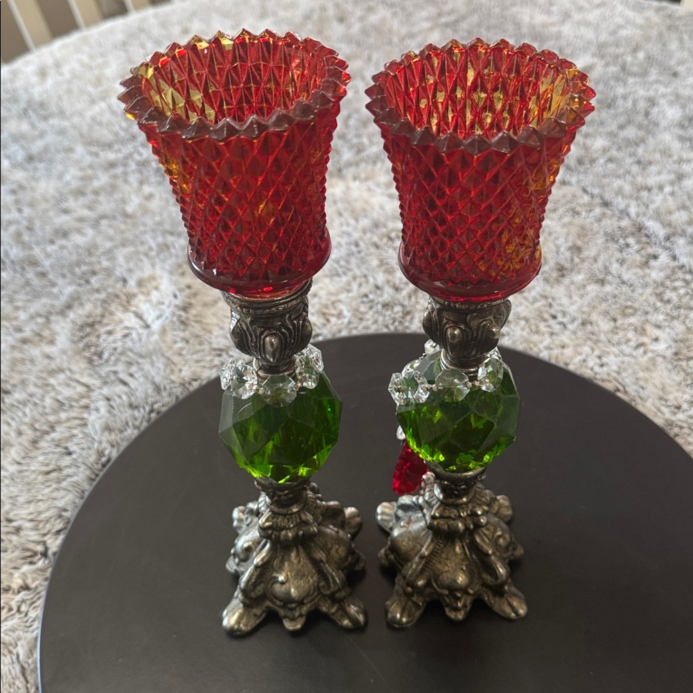 Hollywood‎ Regency Green Lucite 8" Candlestick Holders Candles Mid Century Pair - Picture 5 of 15